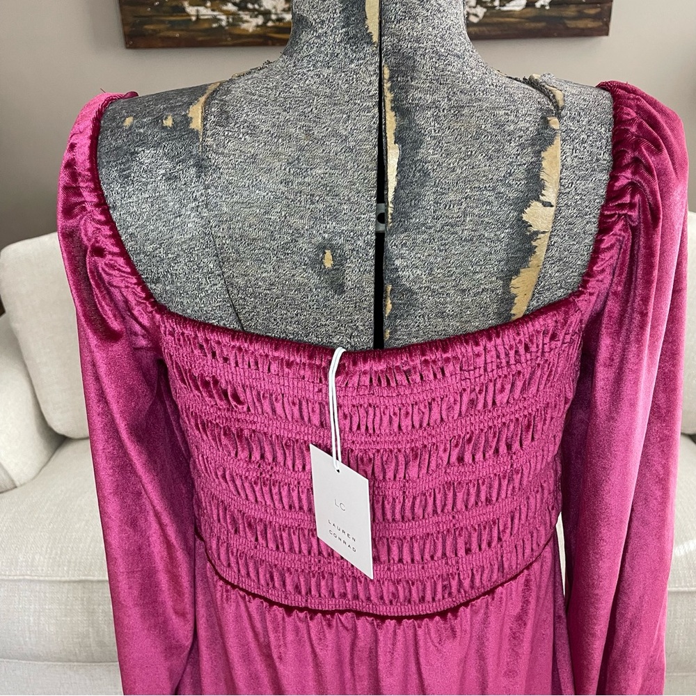 fuchsia XS M LC Lauren Conrad pink long sleeve babydoll dress velvet - Picture 9 of 10